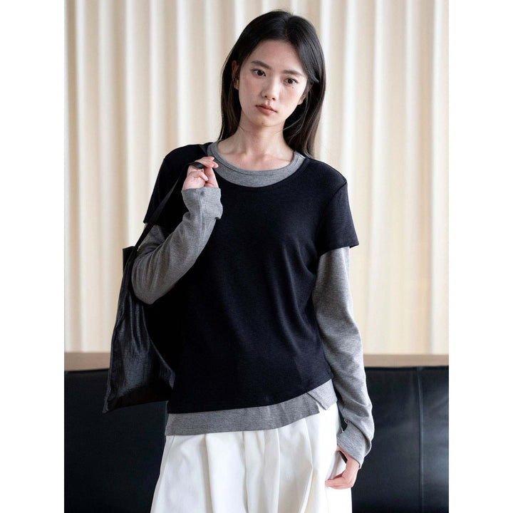 Women's Layered Look Long Sleeve with Short Overshirt Overlay Amarae