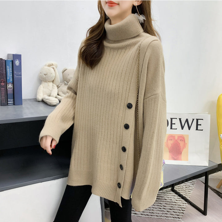Femme Pull Élegant Col Montant avec Patte de Boutons Chic & Stil