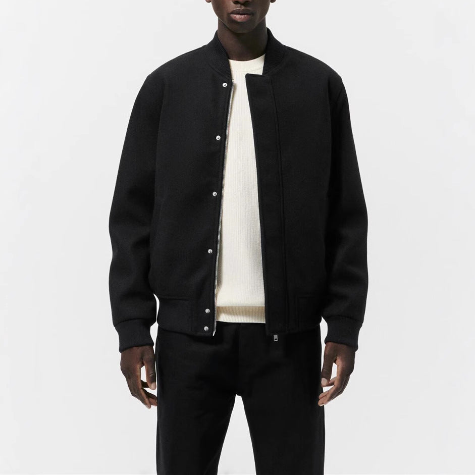 Men's bomber jacket made of wool blend in boxy cut with concealed snap button placket and ribbed cuffs Amarae