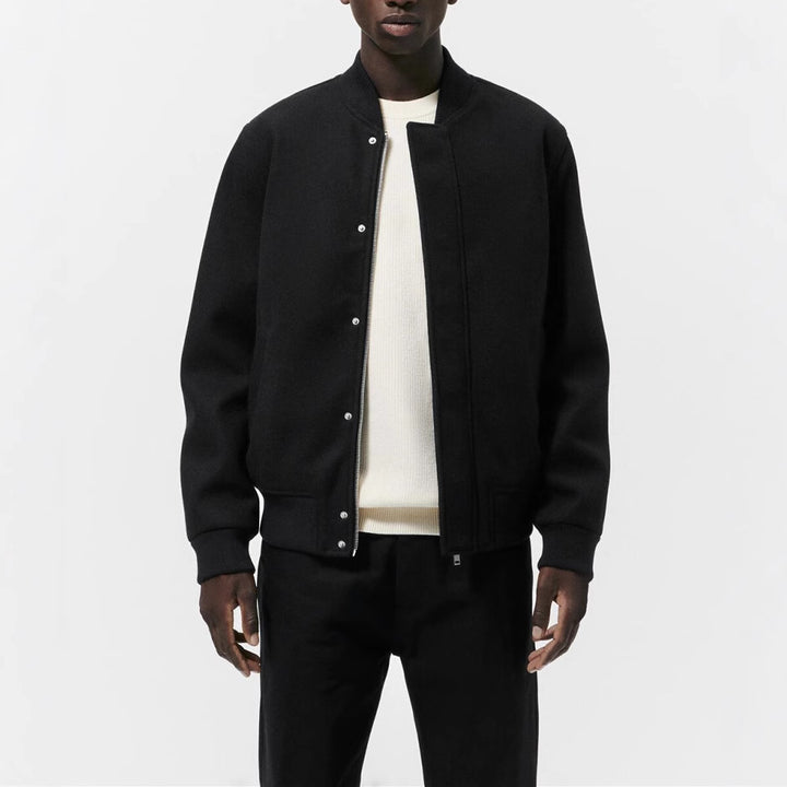 Men's bomber jacket made of wool blend in boxy cut with concealed snap button placket and ribbed cuffs Amarae