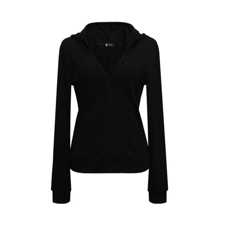 Ladies Thermo Waffle Knit Hooded Pullover with Henley Button Placket and Kangaroo Pocket Amarae
