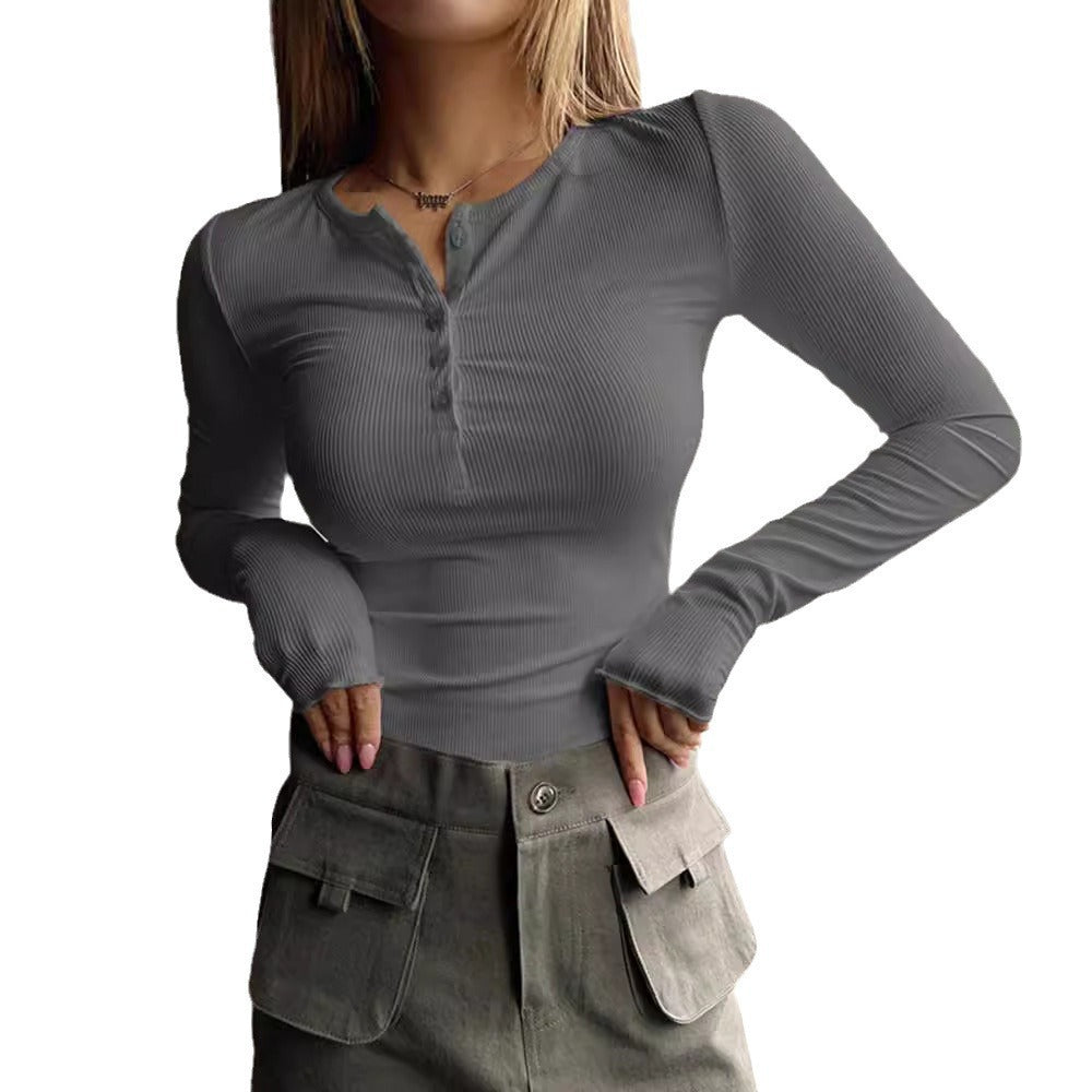 Long sleeve women's t-shirt with textured rib pattern and strategic button closure Lune London