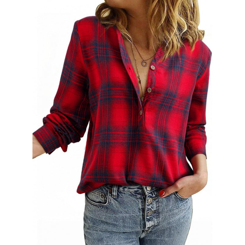 Women’s check blouse in oversized look with V-neck, button placket, and rounded hem Amarae