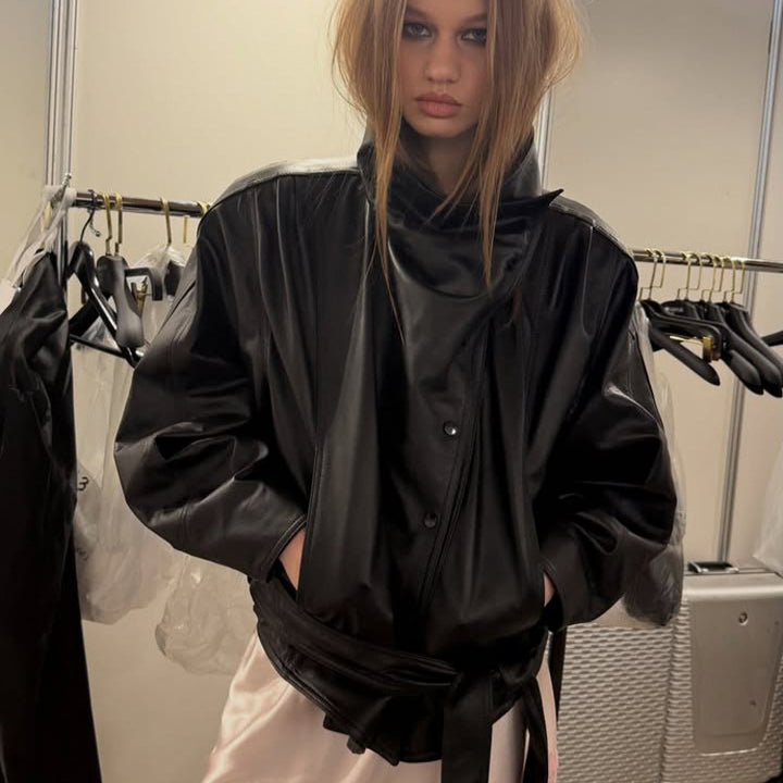 Ladies Oversize Faux Leather Bomber Jacket with High Standing Collar and Waist Belt Amarae