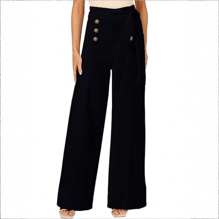Women High-waisted, maritime-inspired wide jeans with decorative button placket and tie belt Amarae