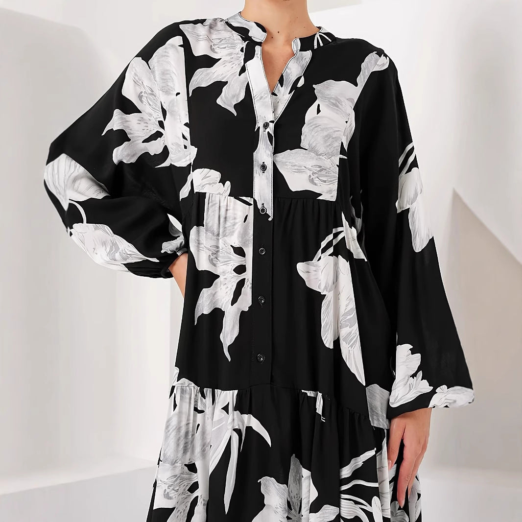 Women’s maxi dress with floral print and elegant button design Lune London