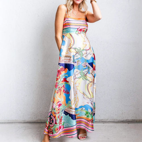 Women's Summer Maxi Dress with Eye-catching Graphic Design and Spaghetti Straps