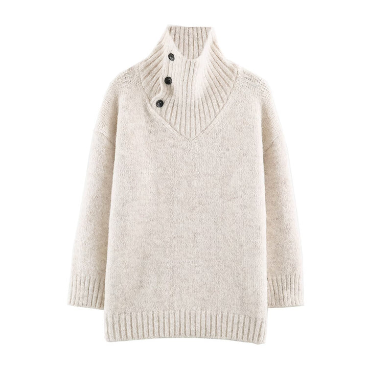 Women's Oversized Knit Sweater with High Ribbed Collar, Button Detail and V-Neck Amarae