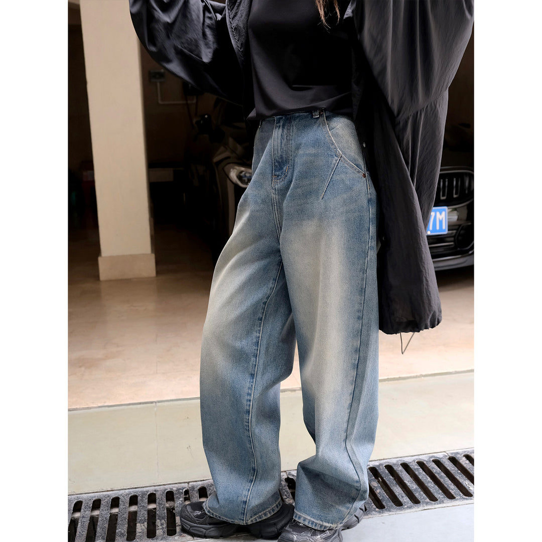 Women's Wide High-Waist Denim Baggy Pants with Vintage Fade and Diagonal Pocket Detail Amarae
