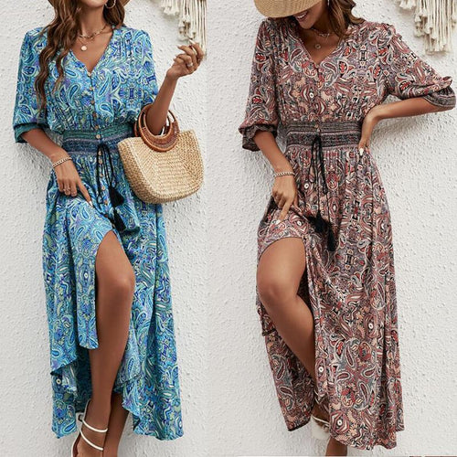 Maxi dress for women with removable belt at the waist and artistic pattern Amarae
