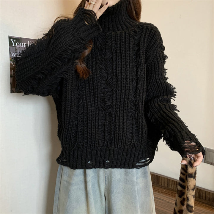 Pull en tricot épais pour femme avec col montant et éléments de design à franges Chic & Stil