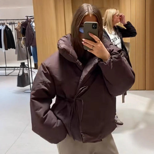 Women Short Padded Oversized Puffer Jacket with Hood and Tie Belt Amarae