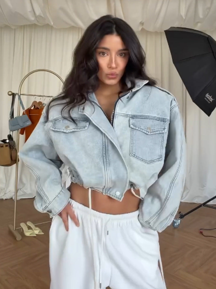 Women's Cropped Denim Jacket with Drawstring, Boxy Oversized Silhouette & Flap Pockets Amarae