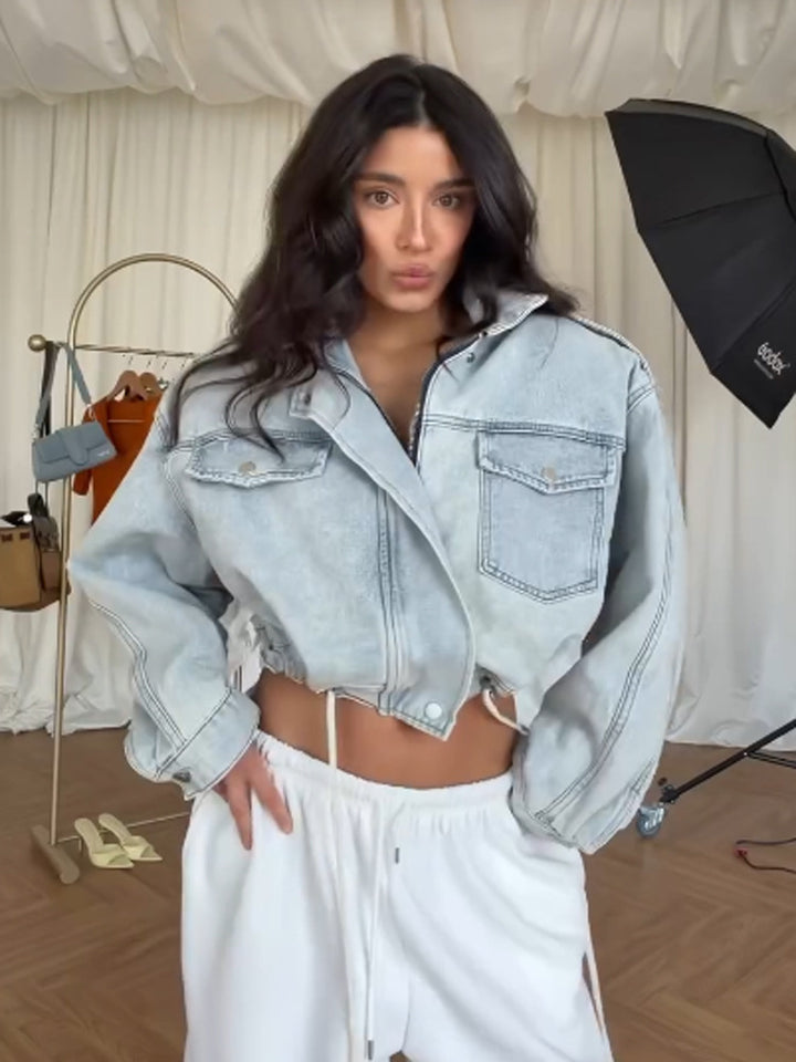 Women's Cropped Denim Jacket with Drawstring, Boxy Oversized Silhouette & Flap Pockets Amarae