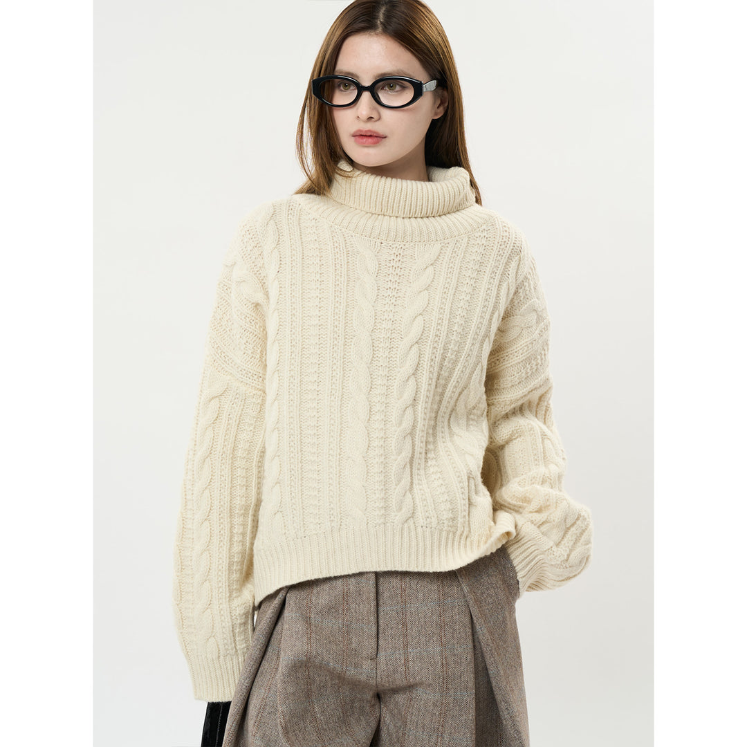 Women Chunky Knit Turtleneck Sweater with Cable Pattern and Relaxed Fit Amarae
