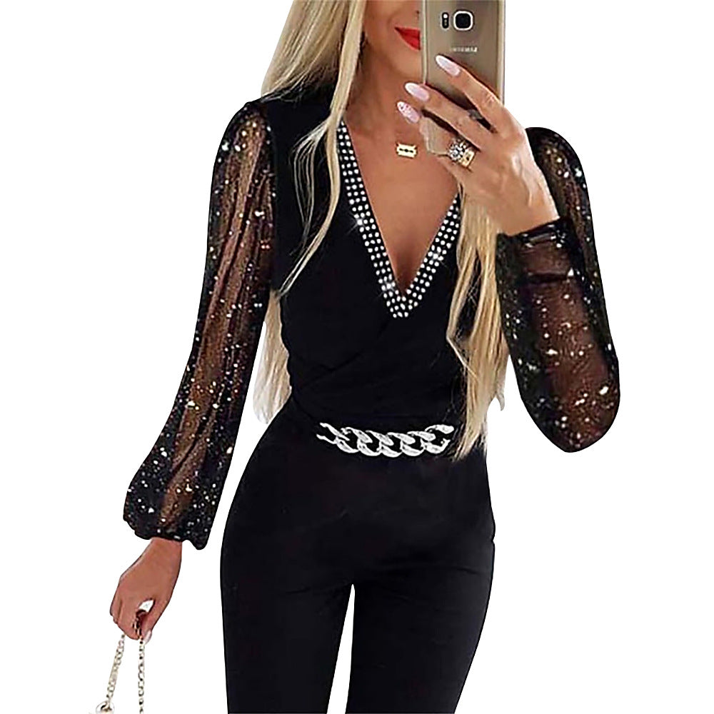 Elegant jumpsuit for women with transparent sleeves Lune London