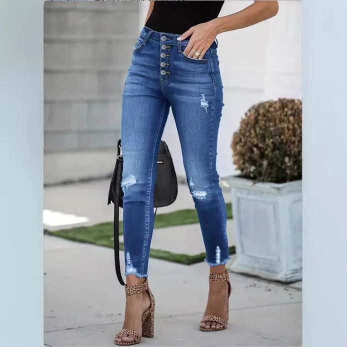 Women's High-Waisted Skinny Jeans with Visible Button Placket, Destroyed Knee Areas, and Raw Ankle Hem Amarae