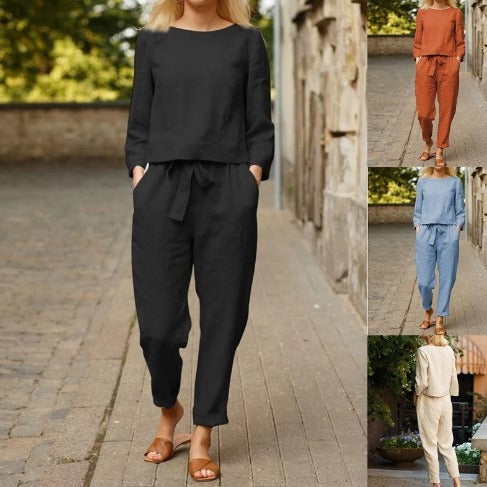 Ensemble en lin deux pièces pour femmes avec haut à la mode et pantalons confortables Chic & Stil