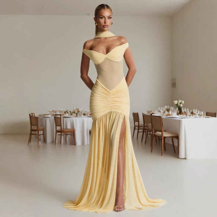 Women's figure-hugging evening dress with off-the-shoulder design and side slit Lune London