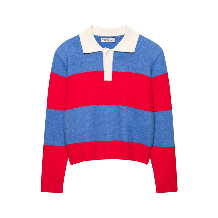 Women's Striped Rugby Sweater with Polo Collar and Short Cut Amarae