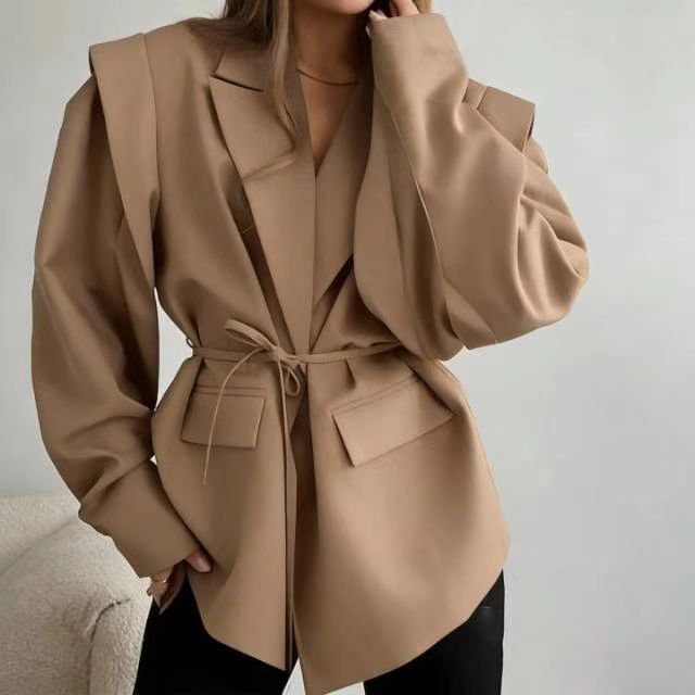Ladies Tailored Wrap Blazer with Shoulder Pads and Tying Belt Amarae