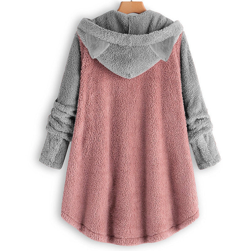 Women's Cozy Hooded Teddy Jacket with Cat Ears, Wooden Button Details and High-Low Hem Amarae