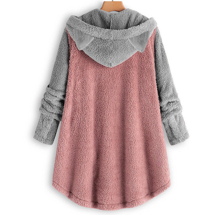 Women's Cozy Hooded Teddy Jacket with Cat Ears, Wooden Button Details and High-Low Hem Amarae
