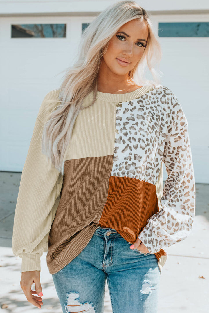 Ladies Oversize Patchwork Sweater with Animal Print and Textured Knit Amarae