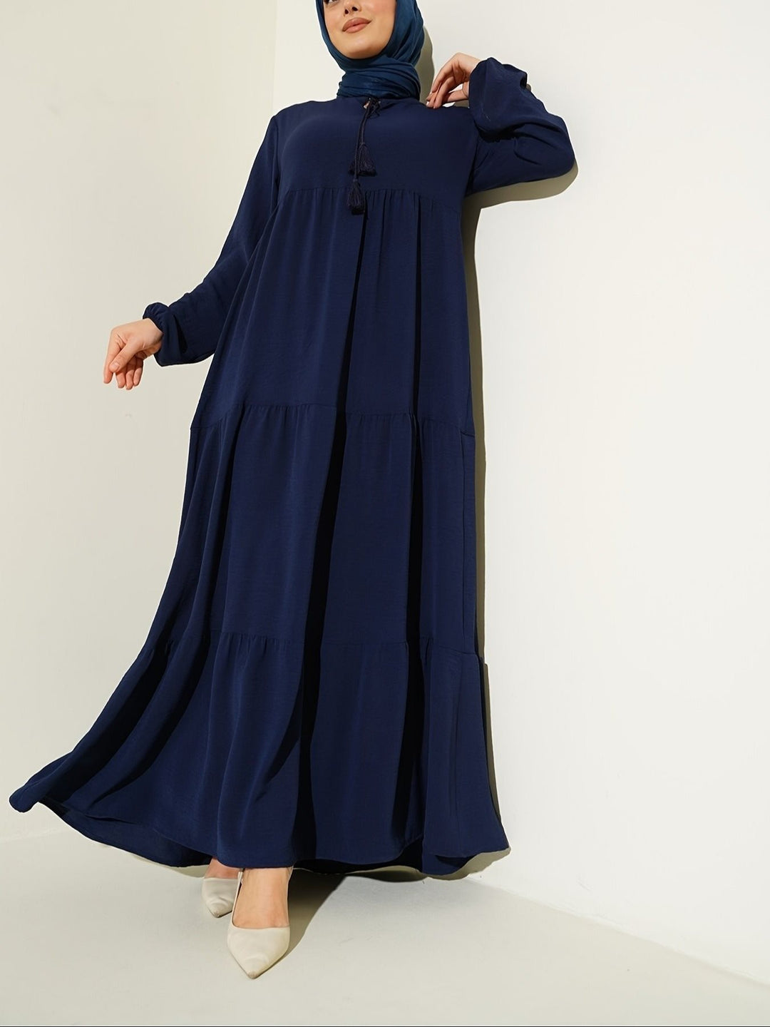 Maxi dress for women with voluminous skirt and fine fringes Lune London