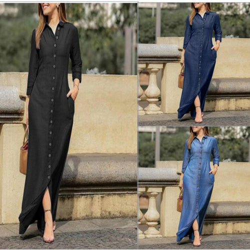 Maxi dress with long sleeves, button placket, and side pockets Amarae