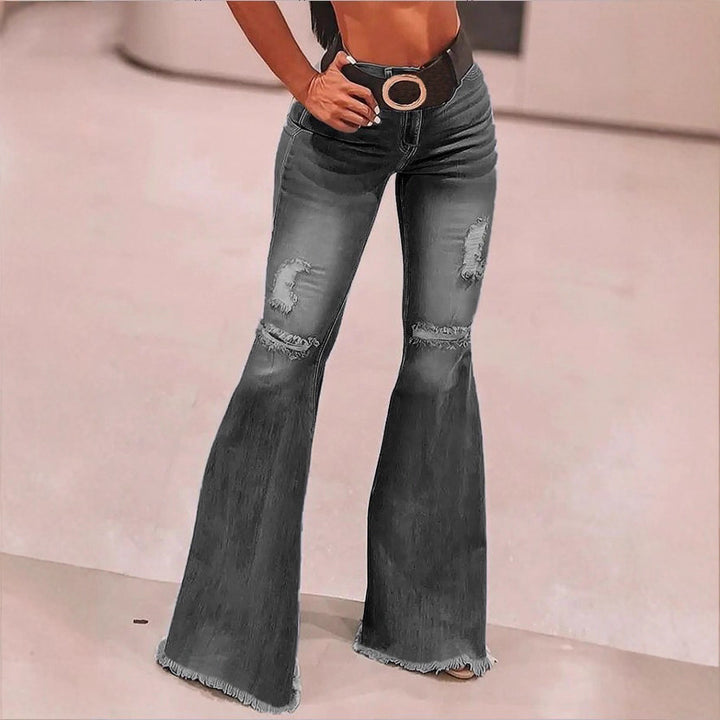 Women's High-Waisted Flared Jeans with Knee Rips, Frayed Hem and Flared Leg Amarae