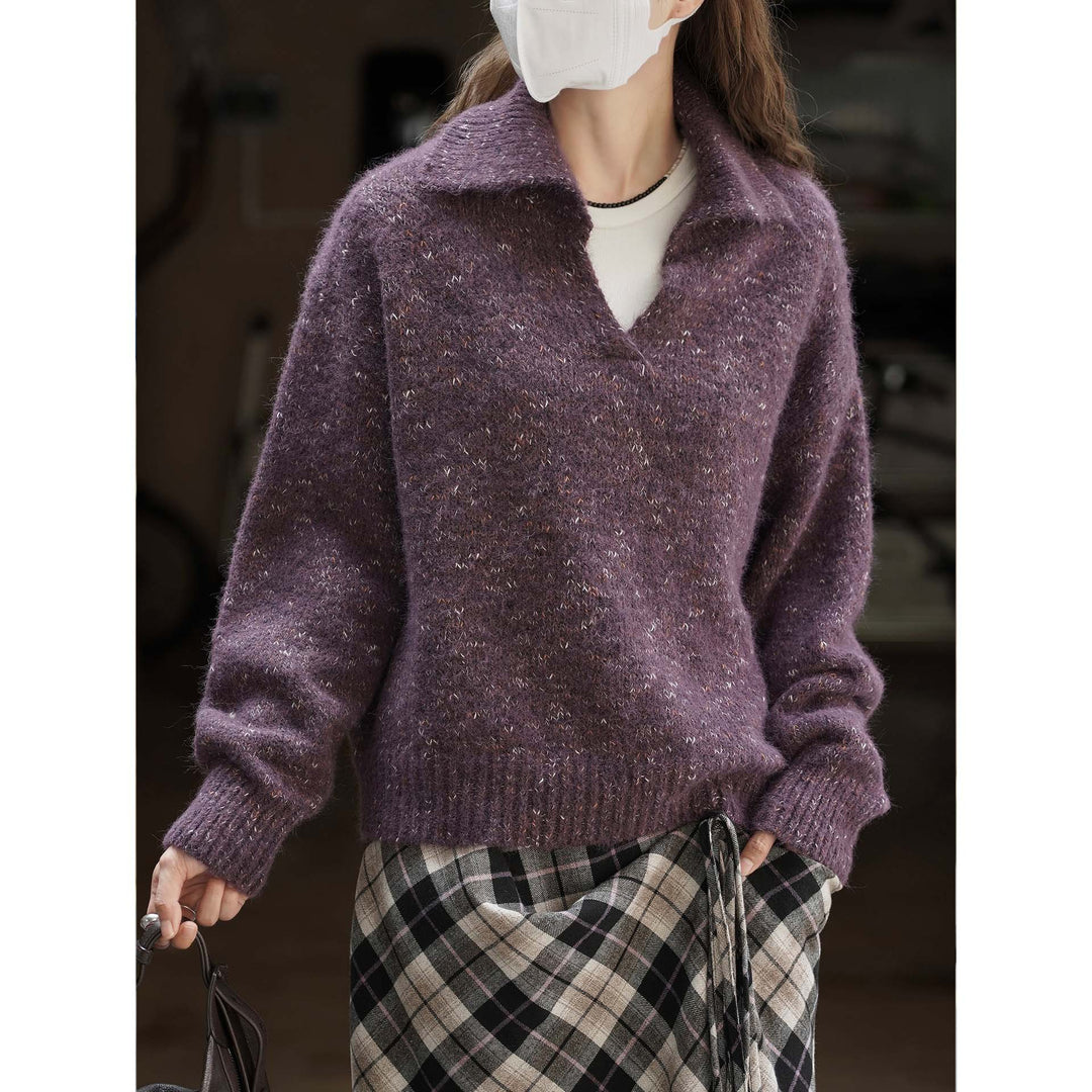 Women's Fluffy Mohair-Mix Sweater with Open Shirt Collar and Ribbed Hem