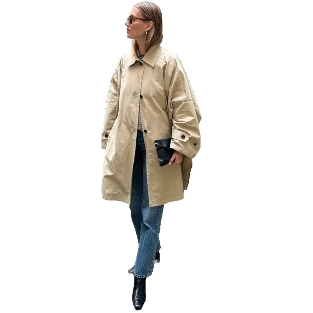 Women's Oversize Cotton Blend Trench Coat with Mid-Length, Straight Cut Amarae