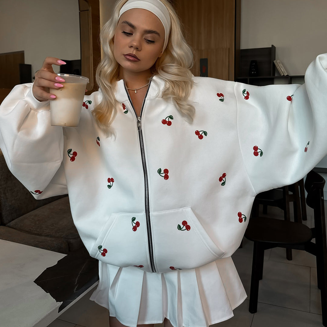 Hooded jacket for women with a unique cherry design and an oversized fit Lune London