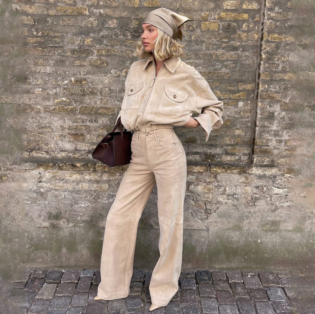 Women Quilted Leather Jacket and High Waisted Pants Lune London