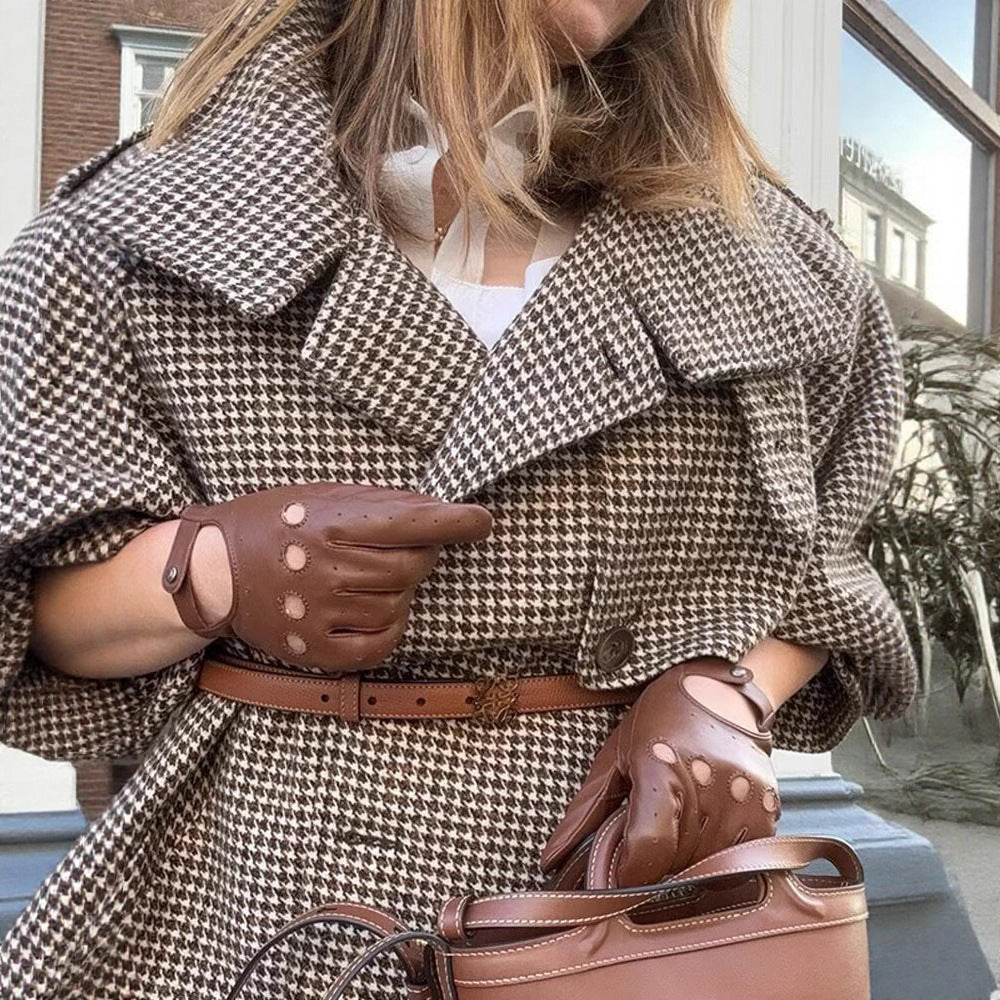 Women's Oversize Houndstooth Coat with Cape Detail, High Stand Collar and Adjustable Cuffs Amarae