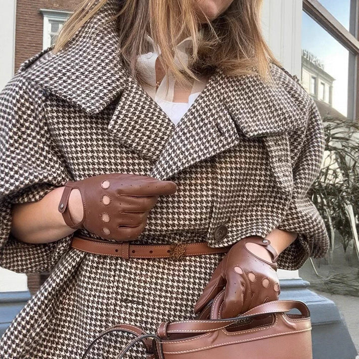 Women's Oversize Houndstooth Coat with Cape Detail, High Stand Collar and Adjustable Cuffs Amarae