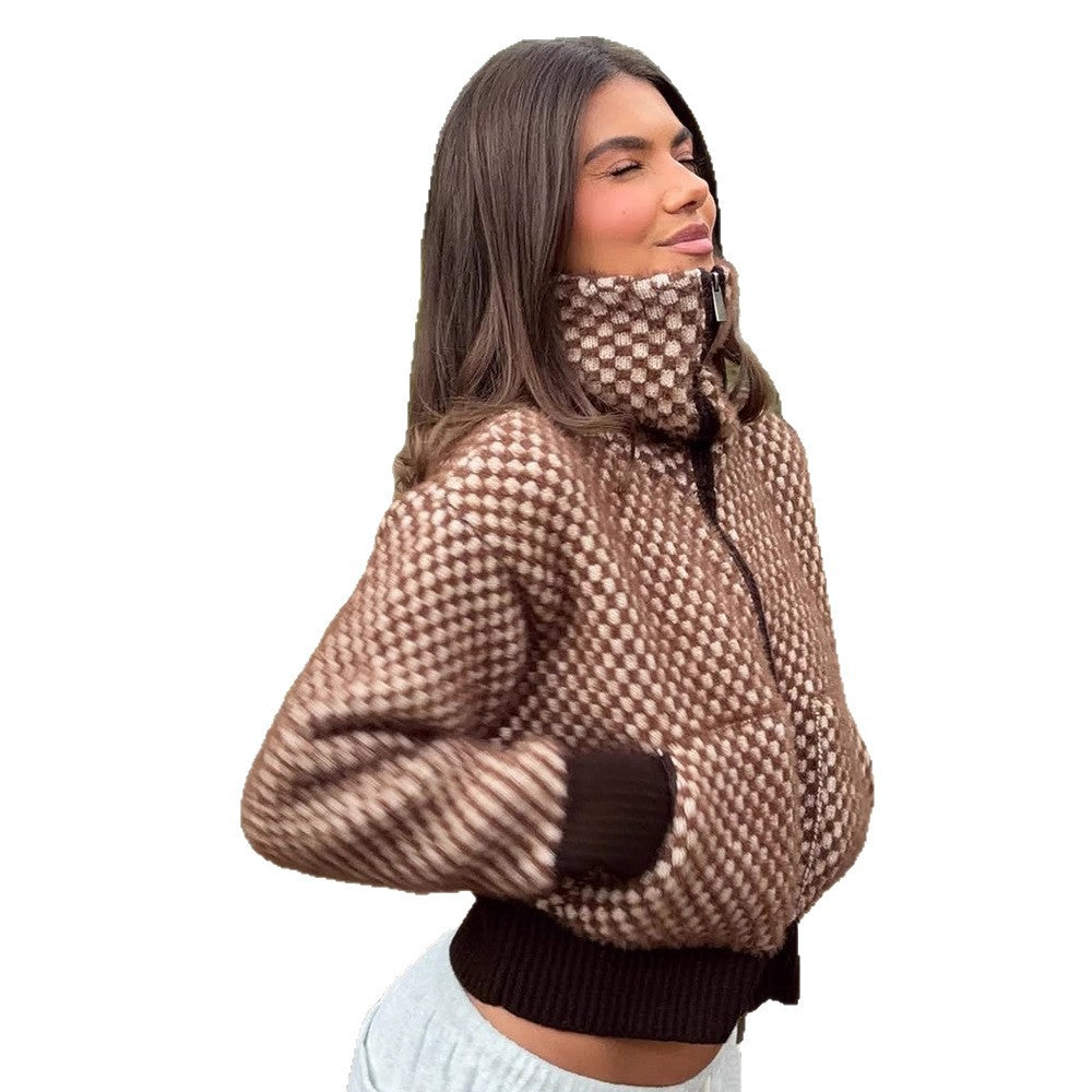 Women's Short-Cut Knit Zip Cardigan with Hood and Textured Pattern Amarae