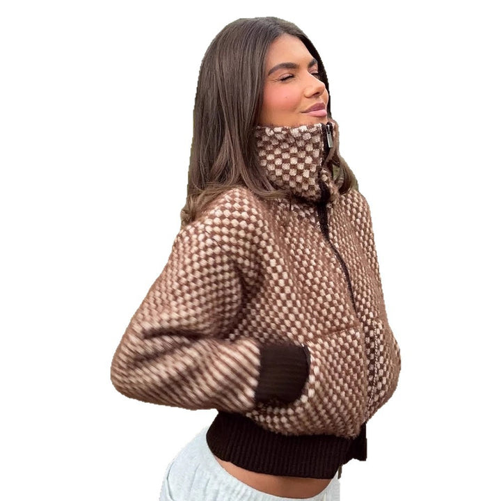 Women's Short-Cut Knit Zip Cardigan with Hood and Textured Pattern Amarae