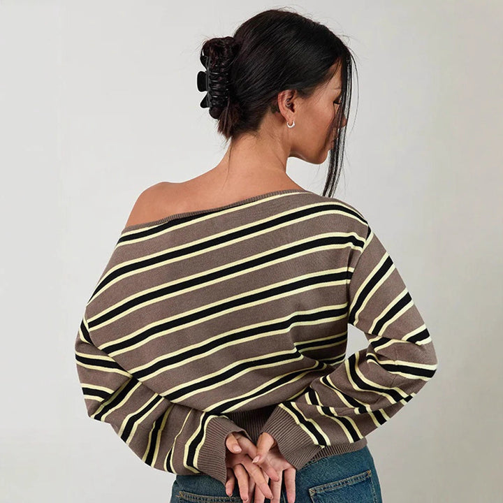 Women's fine knit boatneck pullover with asymmetrical shoulder drop, wide ribbed hem, and casual balloon sleeves Amarae