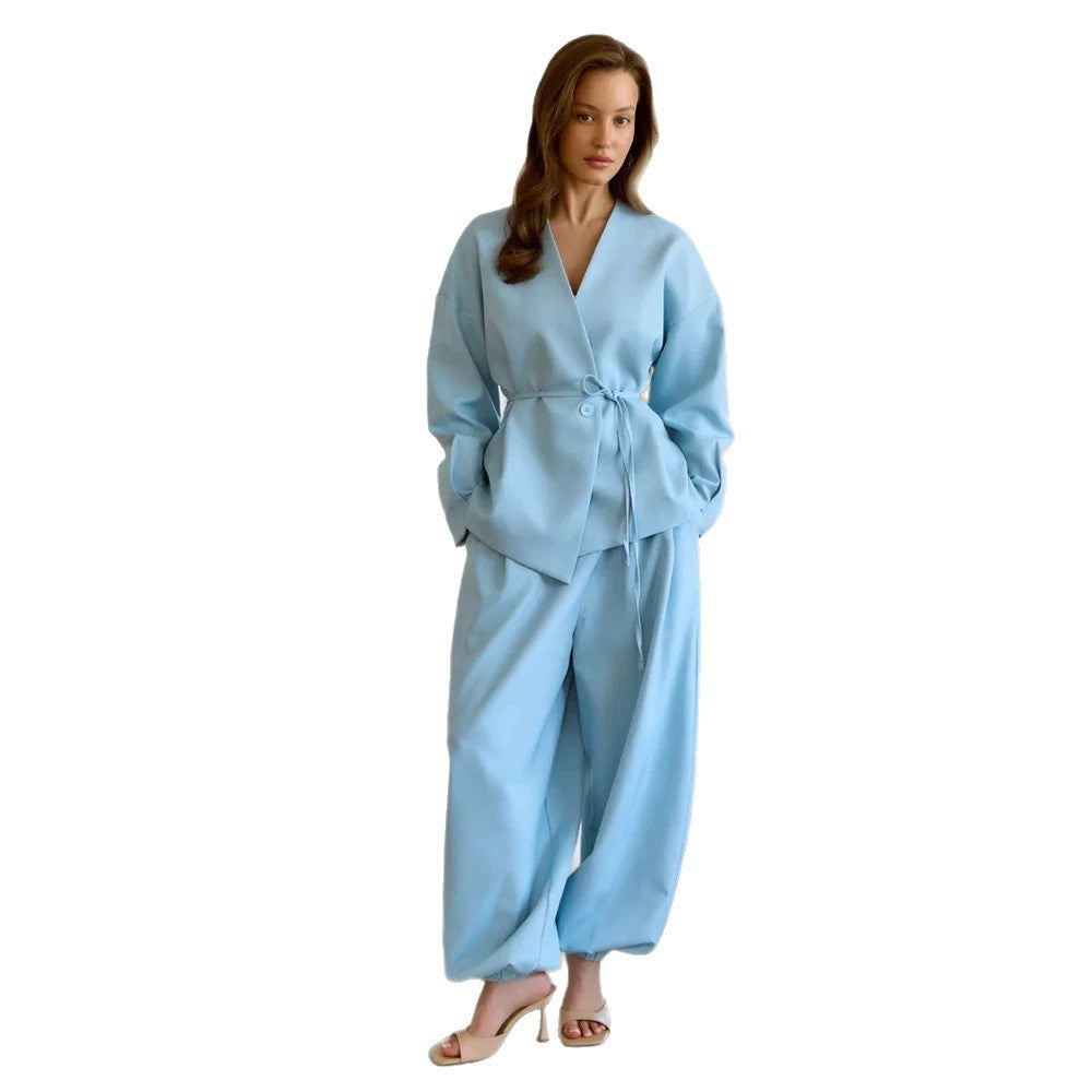 Women Oversized Blazer Suit with Single Button Blazer and Wide Pleated Trousers Amarae
