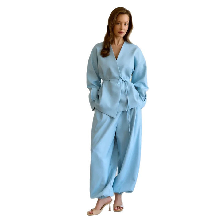 Women Oversized Blazer Suit with Single Button Blazer and Wide Pleated Trousers Amarae