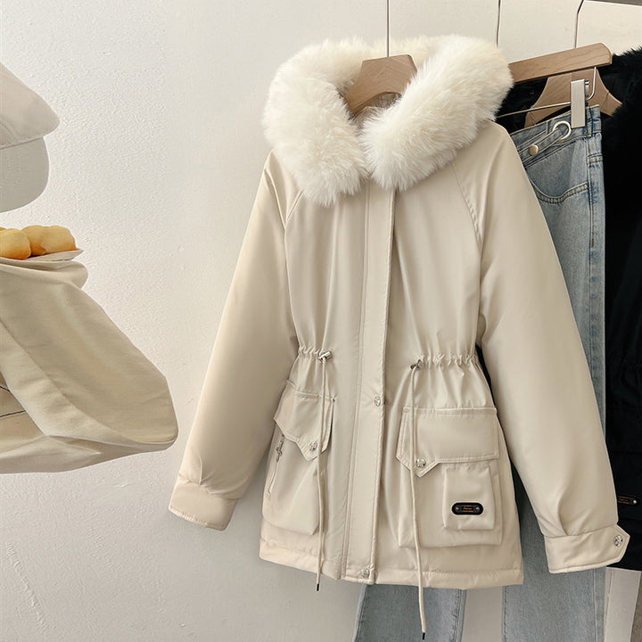 Multifunctional winter jacket for women with removable faux fur collar and adjustable waist drawstring Lune London