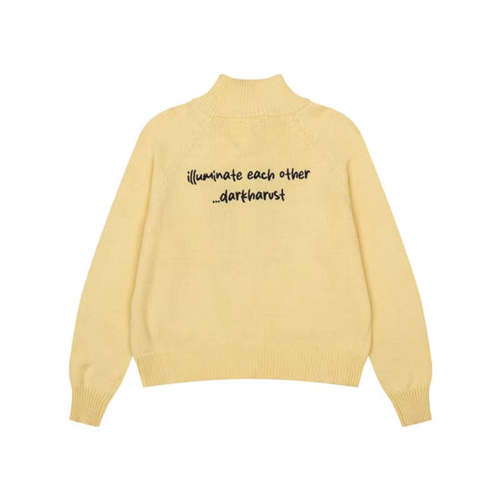 Women's chunky knit zip cardigan with stand-up collar, patch pockets and cartoon intarsia Amarae
