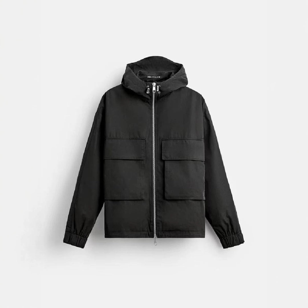 Men's short-cut hooded blouson jacket with patch pockets and two-way zipper Amarae