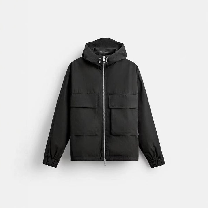 Men's short-cut hooded blouson jacket with patch pockets and two-way zipper Amarae