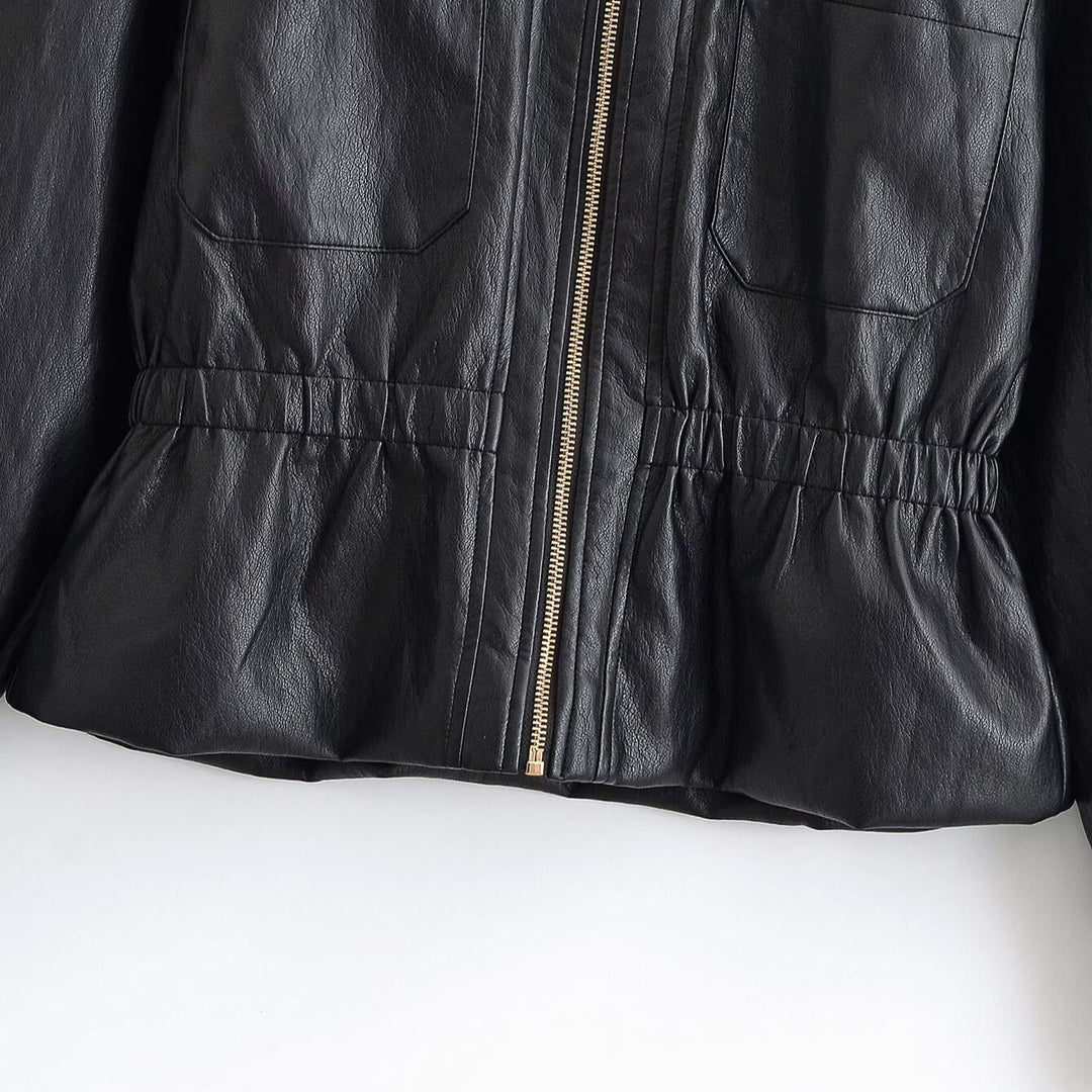 Women's Boxy Faux Leather Blouson with Elastic Waistband, Patch Chest Pockets and Visible Zipper Detail