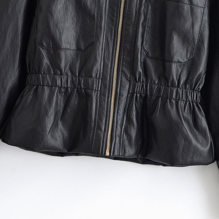 Women's Boxy Faux Leather Blouson with Elastic Waistband, Patch Chest Pockets and Visible Zipper Detail