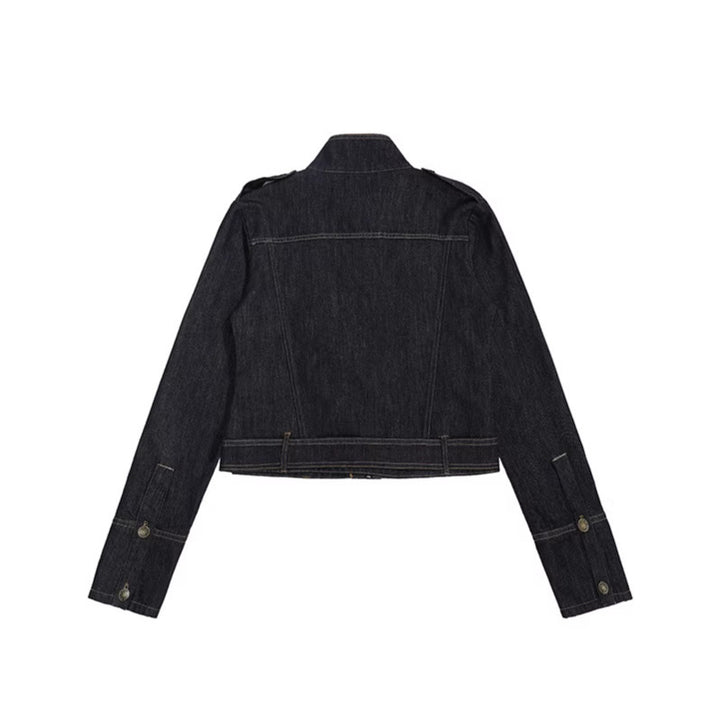 Women's tailored denim jacket with high stand-up collar, waist belt and shoulder patches Amarae