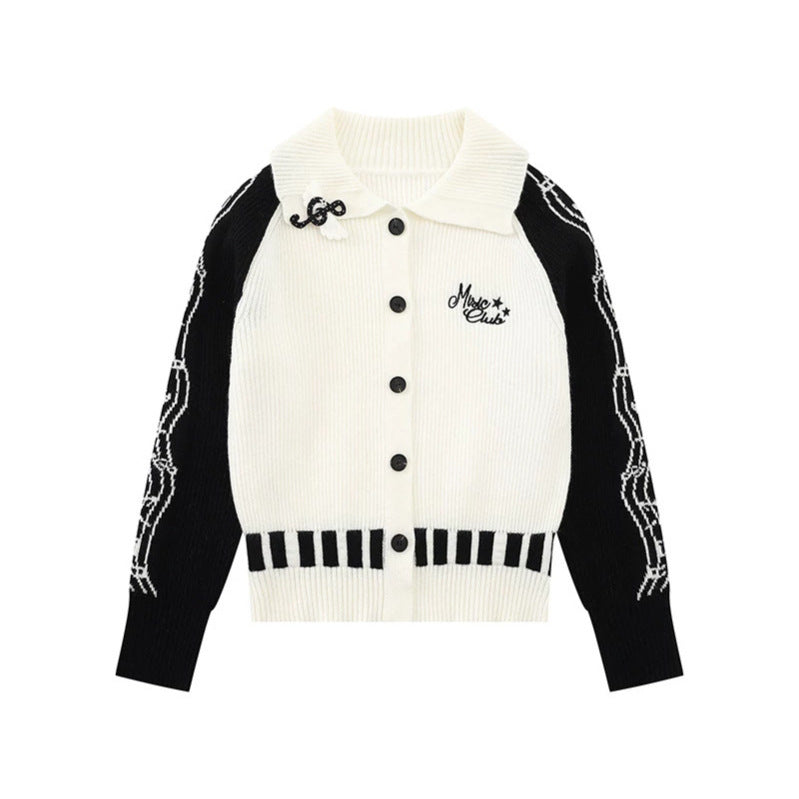 Women's cardigan with contrast sleeves, musical embroidery and polo collar Amarae